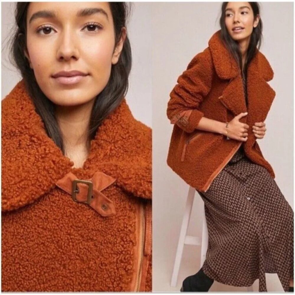 Anthropologie Marrakech Fuzzy Teddy Tan Brown Aviator Moto Style Jacket XS